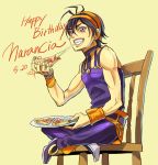  1boy black_hair chair eating food grin hariyama_(toubou_tengoku) jojo_no_kimyou_na_bouken narancia_ghirga pizza sitting smile solo violet_eyes 