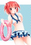  1boy bikini blush bow frilled_bikini frills hair_bow innertube licking navel original otoko_no_ko popsicle red_eyes redhead shiho_(acoram) short_hair shota striped striped_background swimsuit tube 