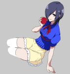  1girl apple blue_eyes blue_hair cosplay food fruit hair_over_one_eye kirishima_touka minami_(lida) puffy_short_sleeves puffy_sleeves short_hair short_sleeves sitting skirt snow_white_(cosplay) snow_white_and_the_seven_dwarfs solo thigh-highs tokyo_ghoul white_legwear yellow_skirt yokozuwari zettai_ryouiki 