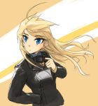  1girl ahoge blonde_hair blue_eyes goggles hanna-justina_marseille highres long_hair long_sleeves looking_away makaze_hoihoi_chaahan_joutai military military_uniform solo strike_witches twitter_username uniform wind 