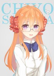  1girl antenna_hair background_text bespectacled blue_bow blush bow bowtie character_name flying_sweatdrops gekkan_shoujo_nozaki-kun glasses grey_background hair_bow long_hair looking_at_viewer naruka_kunzo open_mouth orange_hair polka_dot polka_dot_bow red_bow sakura_chiyo simple_background solo violet_eyes 