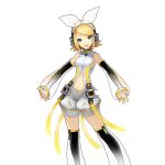  1girl aqua_eyes artist_request blonde_hair bow detached_sleeves headphones highres kagamine_rin kagamine_rin_(append) navel navel_cutout open_mouth short_hair shorts smile solo transparent_background uchi_no_hime-sama_ga_ichiban_kawaii vocaloid vocaloid_append 