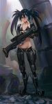  1girl bikini black_hair black_rock_shooter black_rock_shooter_(character) blue_eyes choker cyborg doyora flat_chest front-tie_bikini front-tie_top full_body gun highres long_hair lowleg lowleg_bikini mechanical_arms mechanical_legs rifle science_fiction scope scouter side-tie_bikini solo swimsuit twintails uneven_twintails weapon 