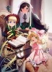  3girls highres hina_ichigo looking_at_viewer multiple_girls okingjo rozen_maiden shinku sitting suiseiseki 