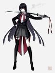  1girl bangs black_gloves black_hair blunt_bangs cigarette fang full_body gloves grey_background hand_on_hip katana kneehighs komo_(sleepy) long_hair long_sleeves mismatched_legwear original red_eyes school_uniform simple_background solo sword thigh-highs very_long_hair weapon 