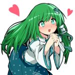  +_+ 1girl aqua_eyes detached_sleeves frog_hair_ornament green_hair hair_ornament hair_tubes hands_together hear highres homco interlocked_fingers kochiya_sanae long_hair looking_at_viewer open_mouth simple_background snake_hair_ornament solo touhou white_background 