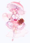  1girl apfl0515 bag bow cherry_blossom_cookie cherry_blossoms cookie_run flower gloves hair_flower hair_ornament handbag highres long_hair looking_at_viewer parasol petals pink_eyes pink_hair pink_skirt puffy_sleeves skirt smile solo twintails two_side_up umbrella v white_legwear 