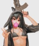  1girl animal_hood assault_rifle bikini_top black_hair breasts bubble_blowing bubblegum character_request doyora fn_scar gun highres hood hoodie looking_at_viewer nose open_clothes open_hoodie red_eyes rifle solo strap_gap under_boob upper_body v weapon 