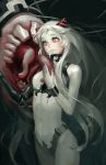  1girl airfield_hime breasts doyora horns kantai_collection leotard long_hair long_tongue monster pale_skin red_eyes shinkaisei-kan smile solo tongue very_long_hair white_hair white_skin 