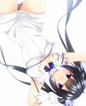  1girl black_hair blue_eyes breasts dress dungeon_ni_deai_wo_motomeru_no_wa_machigatteiru_darou_ka gloves hair_ribbon hestia_(danmachi) highres large_breasts long_hair lying on_back rei_no_himo ribbon twintails very_long_hair wakatsuki_you 