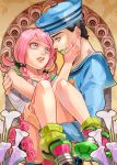  bite_mark black_hair blue_eyes braid carrying dixie_cup_hat flower green_lipstick hand_on_another&#039;s_face hariyama_(toubou_tengoku) hat higashikata_jousuke_(jojolion) hirose_yasuho joestar_birthmark jojo_no_kimyou_na_bouken jojolion lipstick makeup military_hat pink_eyes pink_hair pink_lipstick 