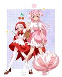  2girls apron bow cherry cherry_blossom_cookie cherry_blossoms cherry_bomb cherry_cookie cookie_run food fruit long_hair multiple_girls namesake pantyhose parasol pink_eyes pink_hair pink_skirt red_hood sammu skirt smile twintails two_side_up umbrella white_hair white_legwear 