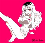  1girl :d apron bare_legs black_hair breasts cleavage genderswap grey_eyes heterochromia large_breasts leg_up long_hair moi_latte multicolored_hair naked_apron open_mouth pink_background red_eyes sasaki_haise simple_background smile solo tokyo_ghoul tokyo_ghoul:re twitter_username white_hair 