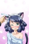  1girl animal_ears blue_hair blush cat_ears cat_tail curly_hair cyan_(show_by_rock!!) ear_grab embarrassed green_eyes one_eye_closed show_by_rock!! solo sweater tail tears trembling 