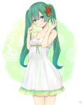  1girl 39 2015 aqua_hair bangs blue_eyes blurry blush dress flower hair_ornament hatsune_miku highres long_hair looking_at_viewer mizuiro_32 nail_polish ribbon signature sleeveless solo standing sundress twintails vocaloid 