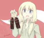  1girl blonde_hair blush bottle carla_j_luksic collarbone dress_shirt drink fang holding long_hair long_sleeves low_twintails makaze_hoihoi_chaahan_joutai open_mouth shirt solo strike_witches twintails twitter_username violet_eyes 