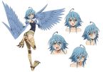  1girl ahoge blue_hair facial_expressions feathered_wings full_body harpy monster_girl monster_musume_no_iru_nichijou official_art papi_(monster_musume) short_shorts shorts simple_background small_breasts smile solo talons white_background wings yellow_eyes 
