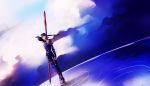  1boy bird blue_hair clouds crow dutch_angle fate/stay_night fate_(series) gae_bolg highres lancer long_hair naoko_(juvenile) polearm ponytail sky solo spear standing standing_on_water weapon 