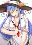  blue_hair breasts cleavage hat hinanawi_tenshi large_breasts long_hair neropaso open_clothes open_shirt red_eyes shirt touhou 
