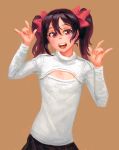  1girl :d \m/ black_hair blush bow cleavage_cutout double_\m/ doyora flat_chest hair_bow looking_at_viewer love_live!_school_idol_project nico_nico_nii open-chest_sweater open_mouth red_eyes ribbed_sweater short_hair skirt smile solo sweater turtleneck twintails yazawa_nico 