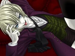  1boy :p alois_trancy black_legwear blonde_hair blue_eyes kuroshitsuji male_focus otoko_no_ko shelty short_hair shorts smile solo thigh-highs tongue tongue_out 