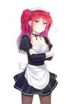  1girl apron bangs blue_eyes bow breasts choker cleavage frilled_choker frown hair_ribbon k_(shinya90) long_hair long_sleeves looking_at_viewer maid maid_apron maid_headdress original pantyhose puffy_sleeves redhead ribbon ribbon_choker simple_background solo standing two_side_up wavy_mouth white_background 