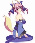  1girl :3 animal_ears ass bare_shoulders blue_legwear blush breasts caster_(fate/extra) detached_sleeves fate/extra fate_(series) fox_ears fox_tail hair_ribbon highres japanese_clothes large_breasts looking_at_viewer open_mouth pink_hair ribbon simple_background sitting solo tail thigh-highs twintails white_background yellow_eyes 