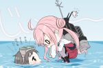  2girls ahoge black_eyes black_hair double_bun glasses goggles goggles_on_head kantai_collection machinery makigumo_(kantai_collection) maru-yu_(kantai_collection) multiple_girls open_mouth pantyhose partially_submerged pink_hair pqmoshi rabbit sleeves_past_wrists squatting staring sweatdrop twintails walking walking_on_water 