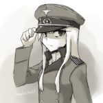  1girl frown grete_m_gollob hand_on_headwear hat long_hair long_sleeves looking_away makaze_hoihoi_chaahan_joutai military military_uniform peaked_cap solo strike_witches twitter_username uniform upper_body 