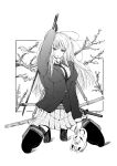  1girl animal_ears batta_(kanzume_quality) bird flower fox_mask freckles holding_sword katana kneeling loafers long_hair mask miniskirt monochrome necktie original school_uniform shoes skirt solo sword thigh-highs thigh_strap tree_branch weapon 