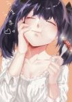  1girl breasts cleavage closed_eyes collarbone eating fork hand_on_own_cheek heart highres kaorr long_hair pajamas purple_hair solo sparkle tokyo_ghoul tokyo_ghoul:re twintails yonebayashi_saiko 