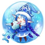  1girl :p ^_^ blue_hair braid chibi closed_eyes gloves hamamo hat horns league_of_legends licking long_hair lowres lulu_(league_of_legends) open_mouth pointy_ears poro_(league_of_legends) snow snowflakes snowing solo staff tongue tongue_out wings yordle 