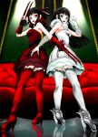  2girls absurdres black_hair dinahfiria dress garter_straps gloves green_eyes high_heels highres long_hair looking_at_viewer melanie_malachite miltiades_malachite multiple_girls rwby siblings sisters thigh-highs weapon 