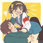  1girl armband black_hair brown_eyes brown_hair girl_on_top kyon school_uniform serafuku short_hair straddling suzumiya_haruhi suzumiya_haruhi_no_yuuutsu taiki_(6240taiki) 