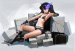  1girl bikini_top black_hair black_rock_shooter black_rock_shooter_(character) blue_eyes boots choker doyora flat_chest glowing glowing_eye hand_on_knee knee_boots long_hair rubble scar short_shorts shorts sitting solo twintails 