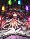 1girl berabou book bow crescent gem hair_bow hat library long_hair patchouli_knowledge purple_hair ribbon solo touhou violet_eyes 