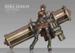  1girl absurdres breasts brown_eyes brown_hair cleavage cleavage_cutout commentary full_body gun hat highres huge_weapon len_brew long_legs pixiv_fantasia pixiv_fantasia_t pointy_ears reflective_floor solo weapon 