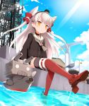  1girl amatsukaze_(kantai_collection) anger_vein flam_(81) hair_tubes kantai_collection lifebuoy long_hair multicolored_legwear rensouhou-kun sailor_collar sailor_dress silver_hair striped striped_legwear thigh-highs two_side_up 