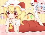  2girls :d :i absurdres blonde_hair blue_hair bow closed_mouth flandre_scarlet hat hat_bow heart highres mob_cap multiple_girls one_eye_closed open_mouth pout red_bow red_eyes remilia_scarlet short_hair short_sleeves smile thought_bubble touhou 