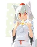  1girl :t animal_ears eating food hat highres inubashiri_momiji japanese_clothes mochi red_eyes solo sorairo_usagi tail tokin_hat touhou wagashi white_hair wide_sleeves wolf_ears wolf_tail 