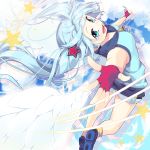  1girl aqua_eyes blue_hair clouds fingerless_gloves gloves hatsune_miku long_hair open_mouth outstretched_arms sakuragi_ren shorts sky solo spread_arms star twintails vocaloid wings 