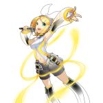  1girl aqua_eyes artist_request blonde_hair bow detached_sleeves headphones highres kagamine_rin kagamine_rin_(append) microphone navel navel_cutout open_mouth short_hair shorts smile solo transparent_background uchi_no_hime-sama_ga_ichiban_kawaii vocaloid vocaloid_append 