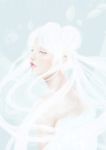  1girl artist_name bishoujo_senshi_sailor_moon blue_background crescent floating_hair leaf lips long_hair pale_color pastellish queen_serenity red_lips signature simple_background solo tears white white_hair 