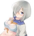  1girl between_breasts blue_eyes bra breast_suppress breasts cleavage hair_ornament hair_over_one_eye hairclip hamakaze_(kantai_collection) kantai_collection konnyaku_(kk-monmon) sailor_collar shirt_lift silver_hair simple_background solo sports_bra underwear white_background 