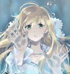  1girl against_glass aldnoah.zero asseylum_vers_allusia blonde_hair dress green_eyes jewelry jusc0 long_hair necklace solo tears underwater 