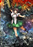  1girl arm_cannon bird_wings black_wings bouncing_breasts bow breasts broken_ground brown_hair cape hair_bow hair_bun large_breasts looking_at_viewer outstretched_arms puffy_short_sleeves puffy_sleeves red_eyes reiuji_utsuho shirt short_sleeves skirt solo space third_eye touhou umigarasu_(kitsune1963) weapon wings 
