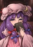  1girl book bow crescent_hair_ornament hair_bow hair_ornament harusame_(unmei_no_ikasumi) hat hidden_mouth long_hair patchouli_knowledge purple_hair solo striped_clothes touhou violet_eyes 