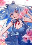  1girl alternate_hair_length alternate_hairstyle blue_dress blue_eyes blue_hair blush bow breasts cirno cleavage dress flower hair_bow long_hair looking_at_viewer older open_mouth petals solo touhou yamada_ranga 