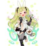 animal_ears artist_request clock cosplay detached_sleeves green_hair hatsune_miku highres kokuhime_rabbit-white_(uchi_no_hime-sama_ga_ichiban_kawaii) long_hair microphone one_eye_closed open_mouth red_eyes singing smile transparent_background twintails uchi_no_hime-sama_ga_ichiban_kawaii very_long_hair vocaloid vocaloid_append 
