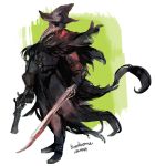  1girl black_boots black_gloves bloodborne boots cape copyright_name dual_wielding eileen_the_crow feathers full_body gloves gun hat holding mask meniusa plague_doctor solo standing sword weapon 